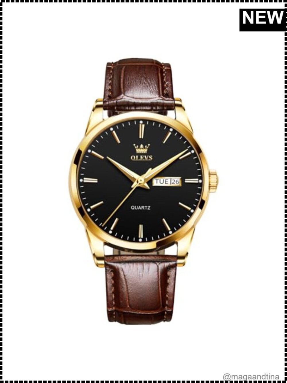 Men's Leather Stainless Steel Watch Day Date Waterproof Luminous Quartz